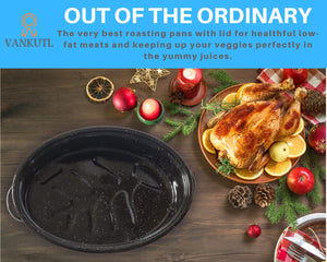 16 Inch Roasting Pan with Lid - Covered Oval Roaster - Enamel Carbon Steel Roaster Pot - Excellent Heat Distribution and Non-sti