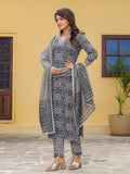 Gosriki Women'S Cotton Blend Straight Printed Kurta With Pant & Dupatta (Nihira Black-Nrg-Gs_M_Black_Medium),Black,,B0CFFFXW45