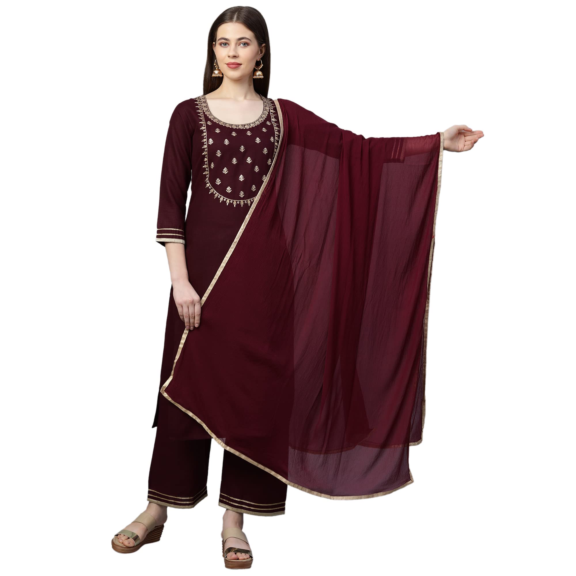 Anni Designer Women'S Cotton Straight Kurta With Palazzo & Dupatta (Kpzd-Cot-10127-Maroon_3Xl_Maroon_Xxx-Large),Maroon,3XL