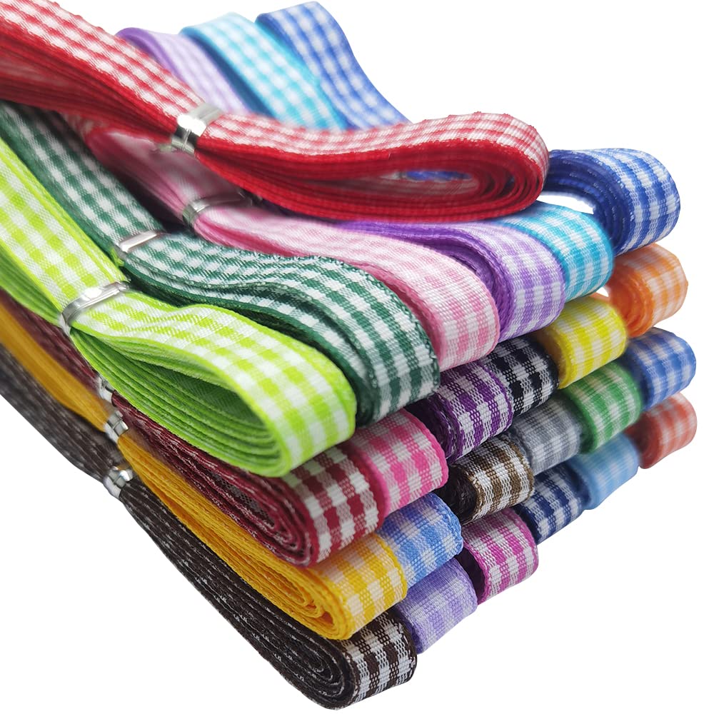 Libiline 50yards 3/8(10mm) Assorted 25 Colors Gingham Ribbon Craft DIY Gift Packing Hair Bow Accessory (3/8, Multi-Colored)