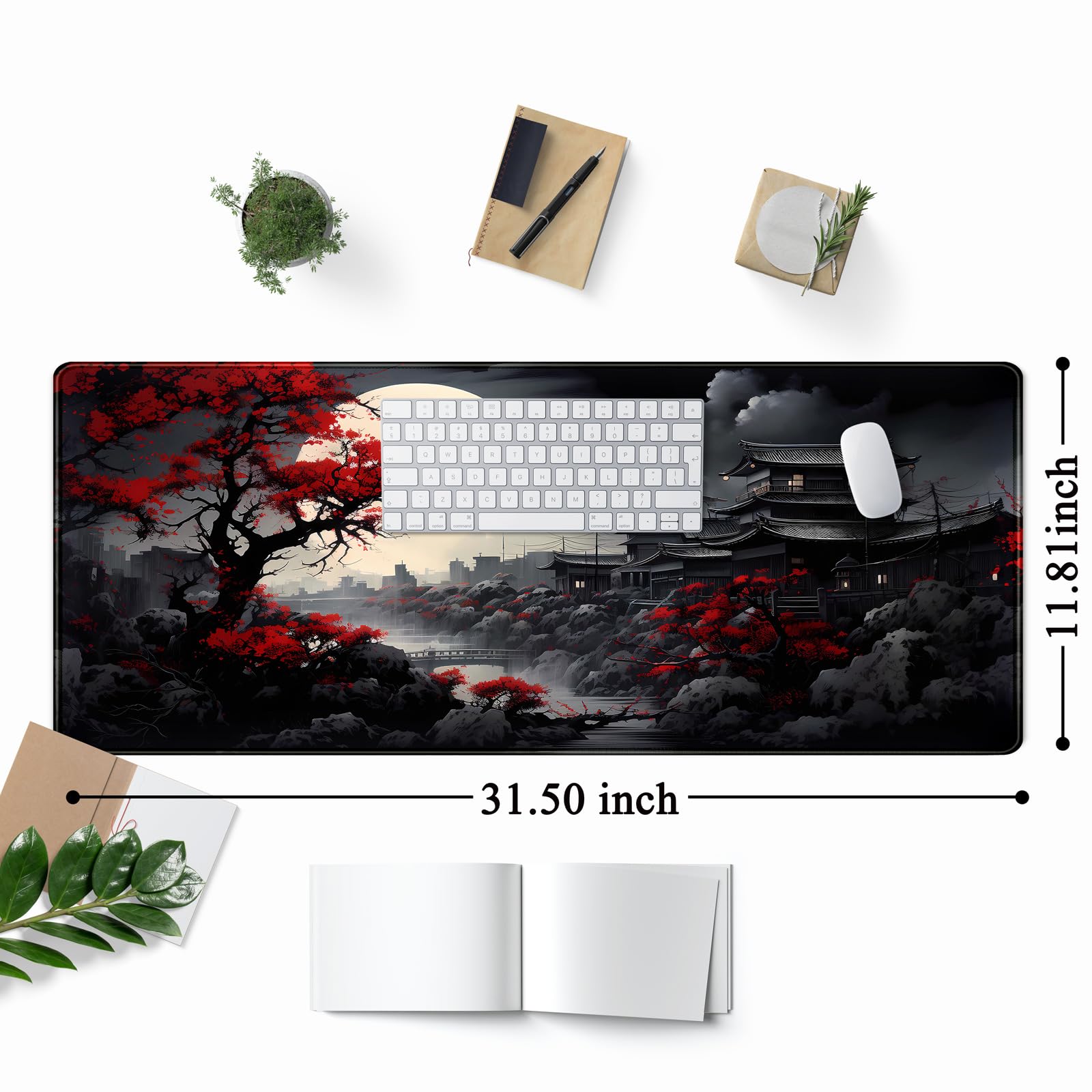 Riverside Full Moon Desk Mat Japanese Desk Pad Black Red Large Mouse Pad Gaming Mousepad Extended XXL Keyboard Pad 31.5 x 11.8 i