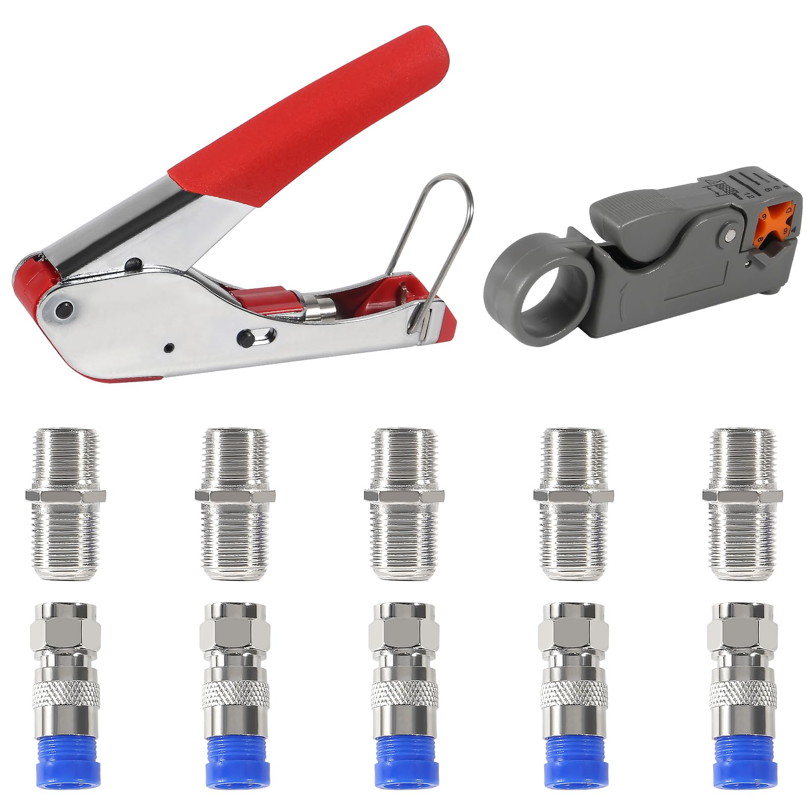ALMOCN Coax Cable Crimper Tool Kit Coaxial Compression Tool Fitting Wire Stripper with 5PCS RG6 F Type Connector + 5PCS RG6 Coax
