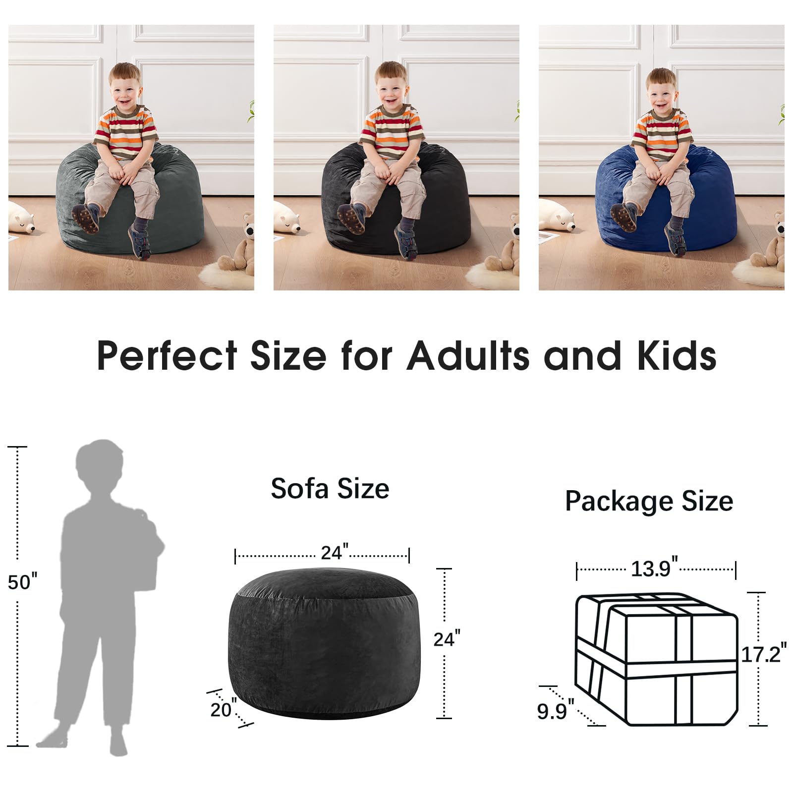 ILPEOD Bean Bag Chairs for Kids - Memory Foam Furniture BeanBag Chair - Kids/Teens Sofa with Soft Micro Fiber Cover - Round Fluf