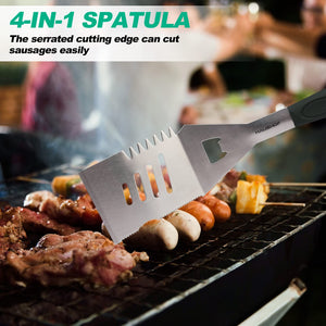 HAUSHOF Large Grill Accessories Heavy Duty BBQ Set Gifts for Men/Women - Premium Stainless Steel Spatula, Fork & Tongs (16.5/16/