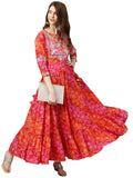 ishin Women's Viscose Rayon Anarkali Embellished Kurta Kpram-6072_S_Red & Orange