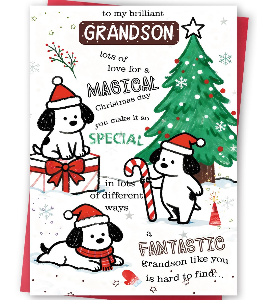 FANCYLUCKY Funny Grandson Christmas Card from Grandma Grandpa, Merry Christmas Card for Grandson, Cute Xmas Holiday Cards Gifts 