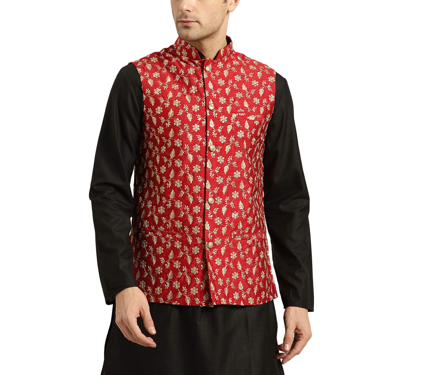 Sojanya (Since 1958, Mens Silk Blend, Red & Gold Embroidered Nehru Jacket, Size: 38