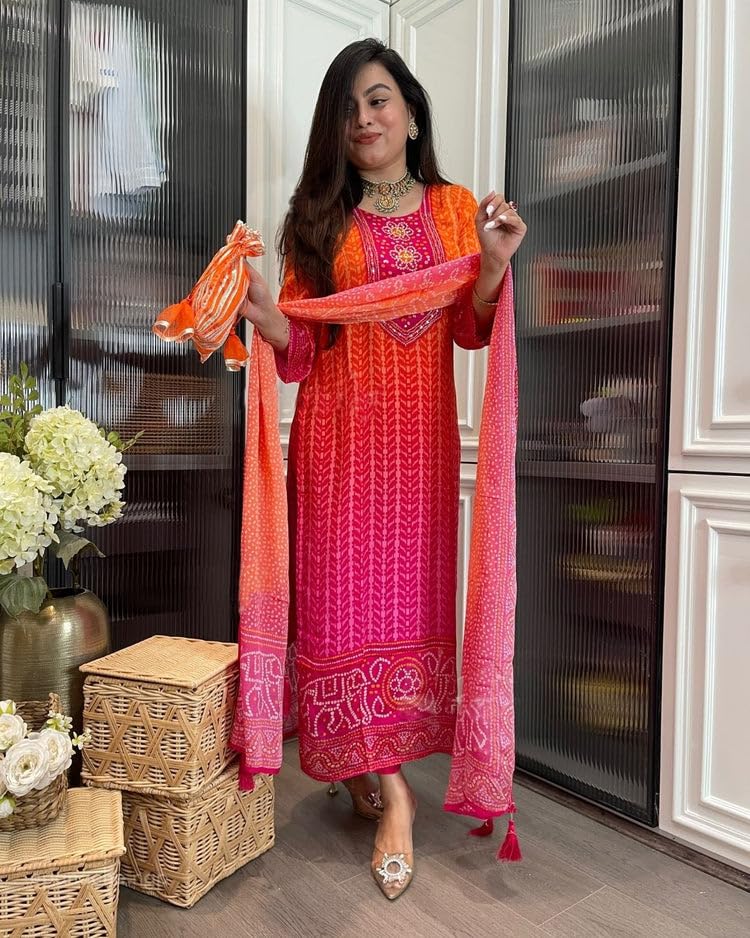 Anni Designer Women'S Rayon Viscose Straight Bandhej Printed Kurta With Pant & Dupatta (Shriha Multi_Xl_Multicolor_X-Large),Multicolour,XL,Rayon,Regular,