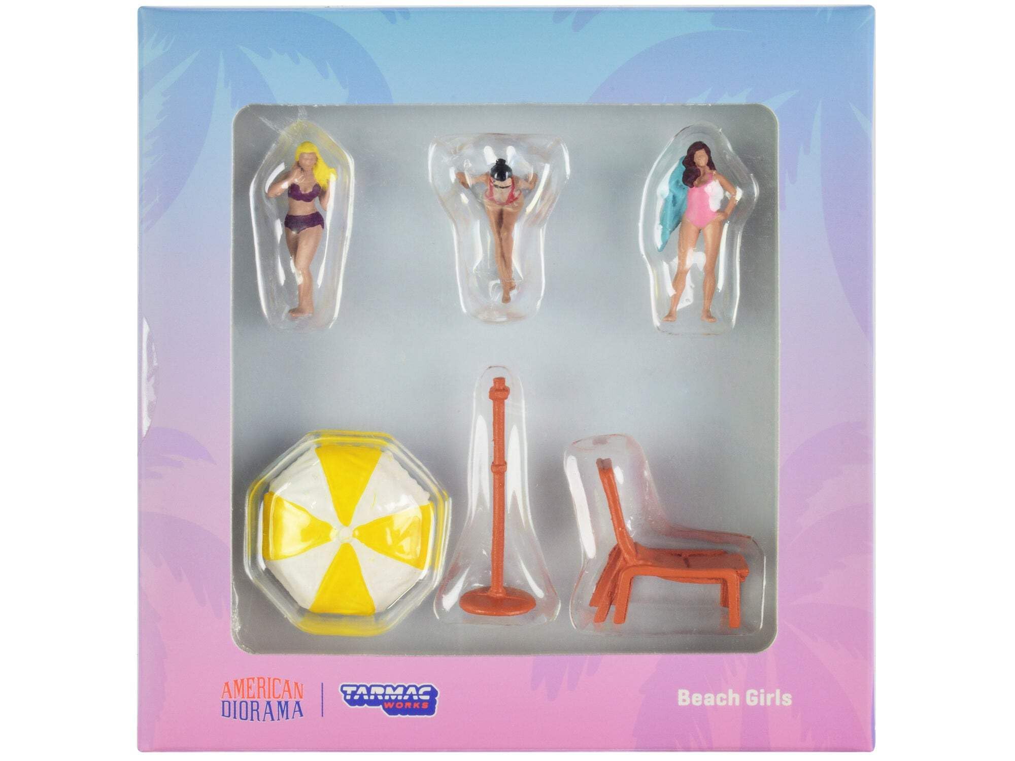 Beach Girls 5 Pc Diecast Figure Set (3 Female Figures And 2 Beach Accessories) For 1/64 Scale Models By Tarmac Works & American