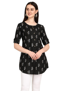 Leriya Fashion Rayon Fabric Printed Round Neck Short Kurtis For Women Top Dresses Kurti For Girls & Ladies Kurtis (Large, Black)