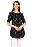 Leriya Fashion Rayon Fabric Printed Round Neck Short Kurtis For Women Top Dresses Kurti For Girls & Ladies Kurtis (Large, Black)