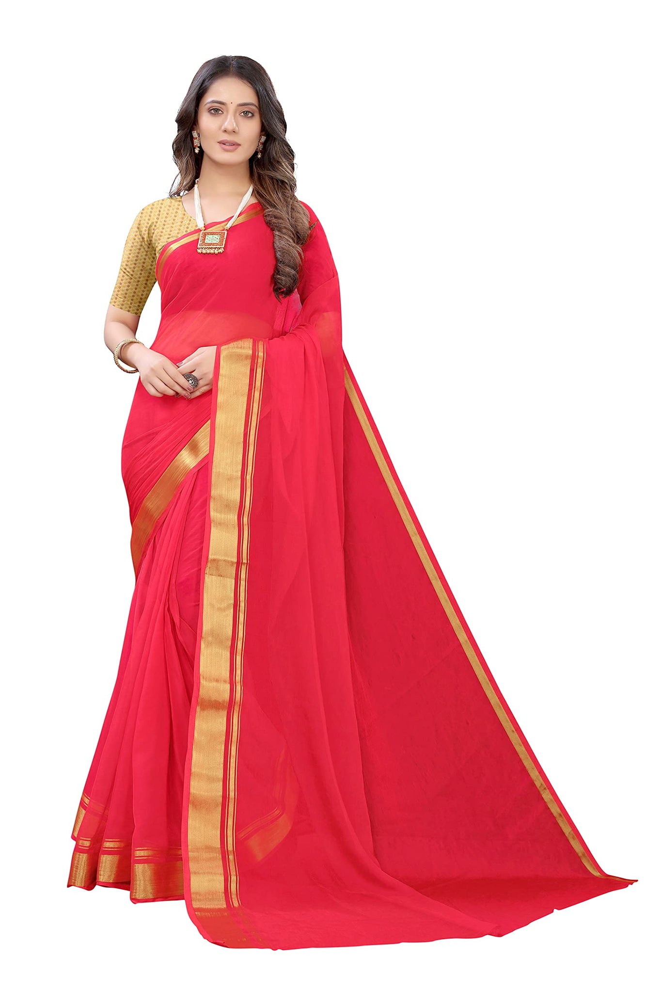 Gosriki Women'S Chiffon Saree With Blouse Piece (Chutki Pink_Pink),Pink,,B095WBYR71