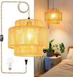QIYIZM Plug in Pendant Light Hanging Lights with Plug in Cord Boho Hanging Lamp Dimmable,Rattan Wicker Woven Bamboo Lamp Shade, 