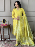 Wedani Muslin Floral Printed With Lace Border Kurta Pant Set With Dupatta For Women,YELLOW,2XL,,,