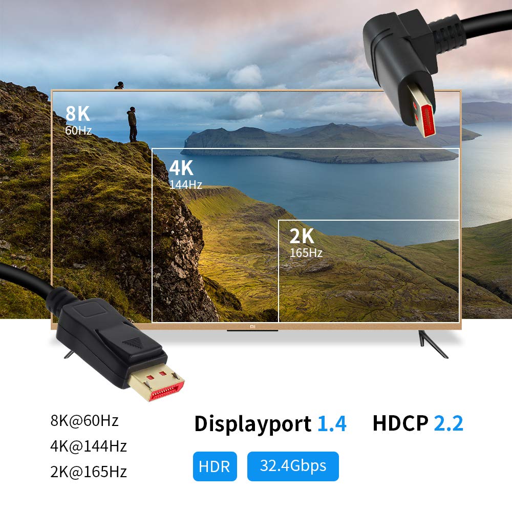ALYYDBG 8K@60Hz 90 Degree Right Angle DP 1.4 Cable, Male to Male Right Angled Displayport 1.4 Cable Cord 8K@60Hz, 4K@144Hz, 2K@1