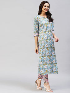 Gosriki Women'S Cotton Blend Straight Printed Kurta With Palazzo (Nampati Blue_S-Go_Blue_Small),Blue,,B0B9XZBX4K