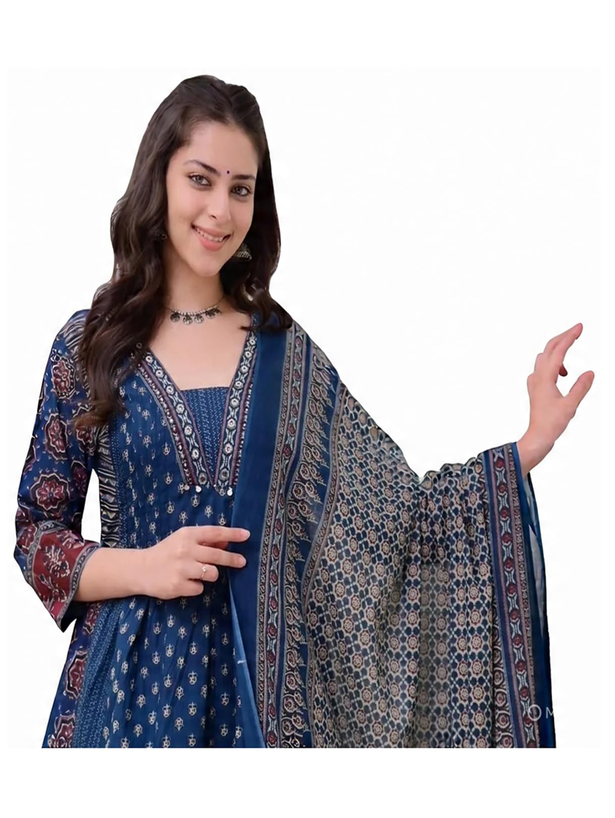 Anni Designer Women'S Rayon Viscose Anarkali Printed Kurta With Palazzo & Dupatta (Nakula Blue_M_Blue_Medium),Blue,M,,,