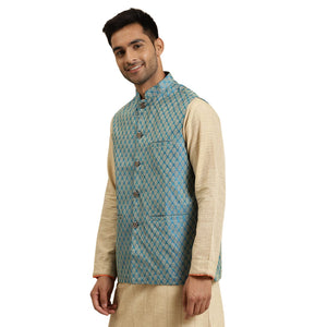 Sojanya (Since 1958, Men'S Jacquard Silk Peacock Blue Self Design Only Nehrujacket, Size: 42