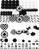 102PCS FIVEIZERO Black & White Focal Silicone Beads for Keychain Making - Chess, Round, Lentil, Hexagon & Rhinestone Spacer Bead