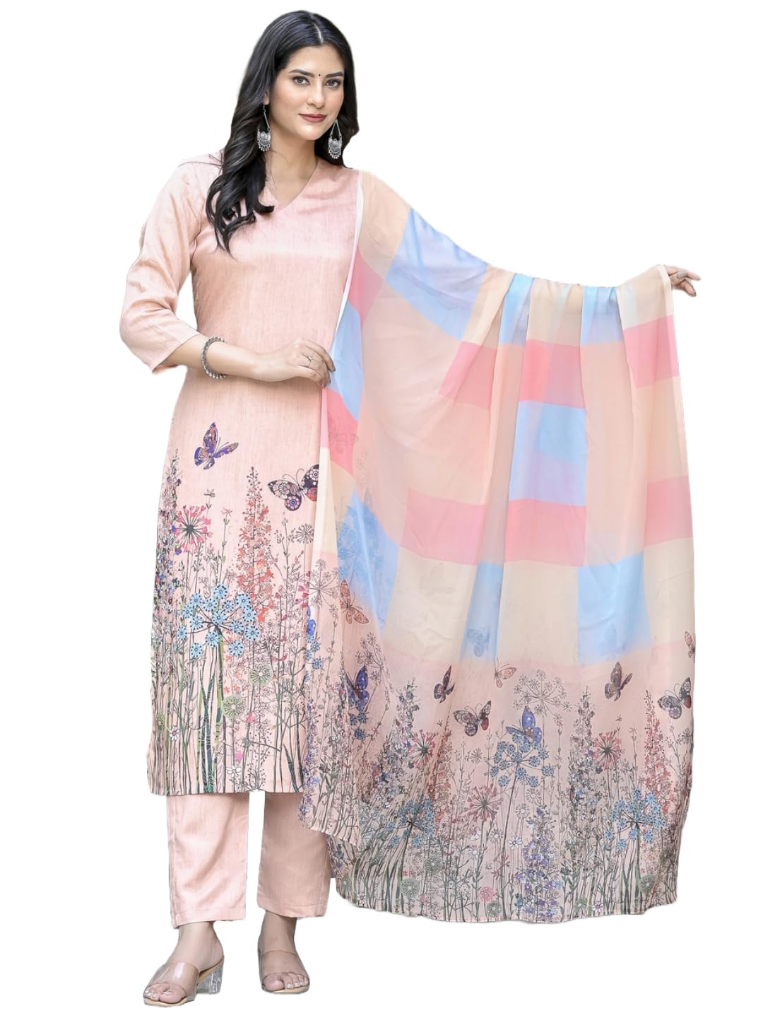 Gosriki Women'S Cotton Blend Printed Straight Kurta With Pant & Dupatta (Rml Peach-Gs_Xxl_Peach_Xx-Large),Peach,2,B0D3QQ7J7P