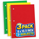 1InTheOffice 3 Subject Spiral Notebook, Wide Ruled Spiral Notebook, 8inch x 10,5inch. 3Hole Punched, 120 Sheets, Assorted Colors, 3 P
