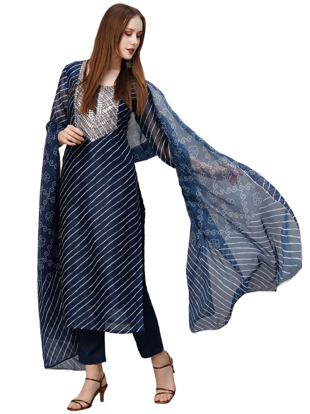 Gosriki Women'S Cotton Blend Straight Printed Kurta With Pant & Dupatta (Doremi Navy-Nw-Gs_L_Navy Blue_Large),Navy Blue,,B0CFFF34XQ