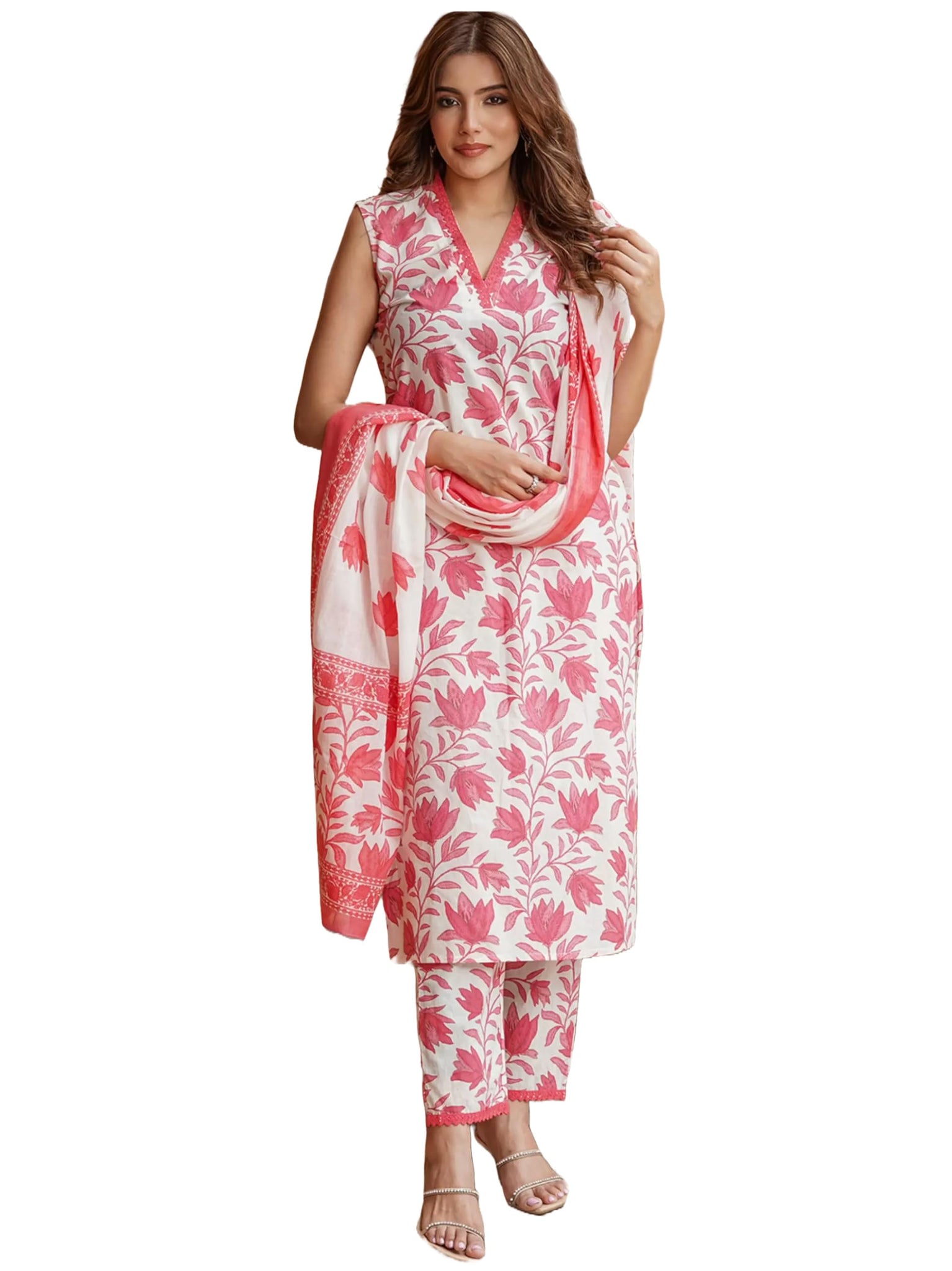 Anni Designer Women'S Cotton Blend Printed Straight Kurta With Pant & Dupatta (Root Pink_S_Pink_Small),Pink,S