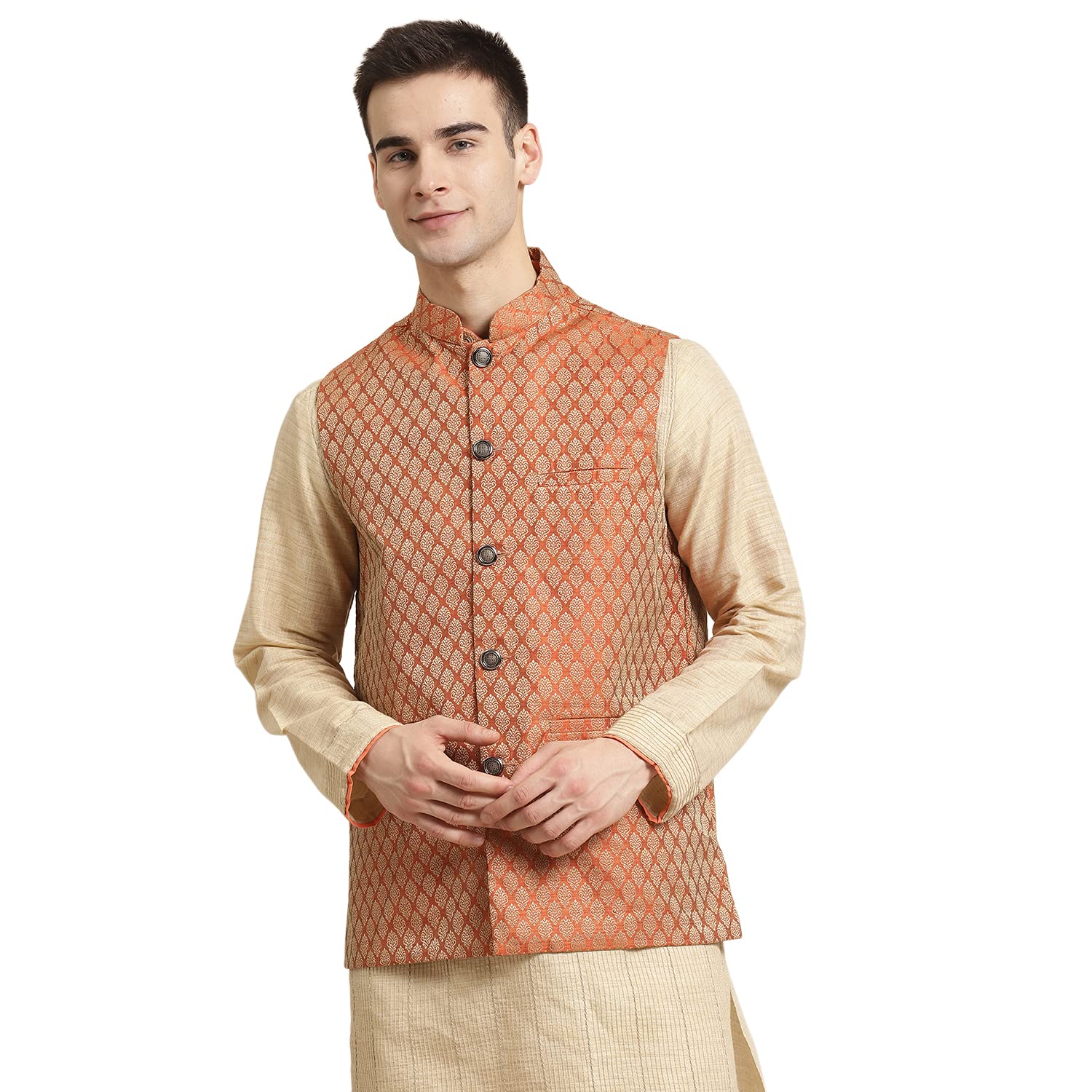 Sojanya (Since 1958, Men'S Jacquard Silk Orange Self Design Only Nehrujacket, Size: 36