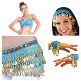 Vritraz WomenS Velvet Belly Dance Hip Scarf Waistband Belt Colors Beads And Golded Coins (Blue, Pack Of 3)
