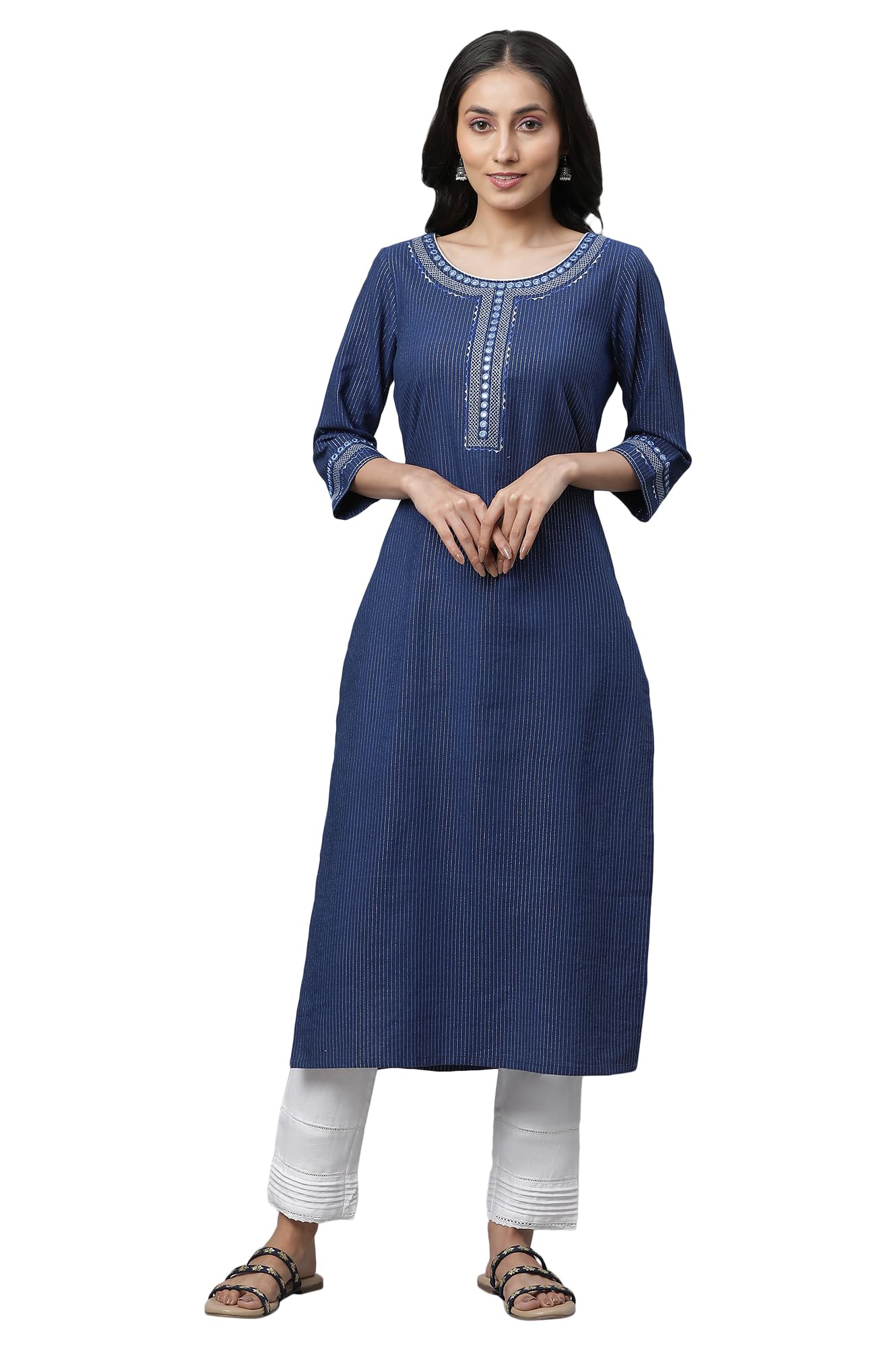 Aurelia Women's Blue Stripes Yarn Dyed Yarn Dyed Lurex Straight Kurta_23AUA14423-704549_L