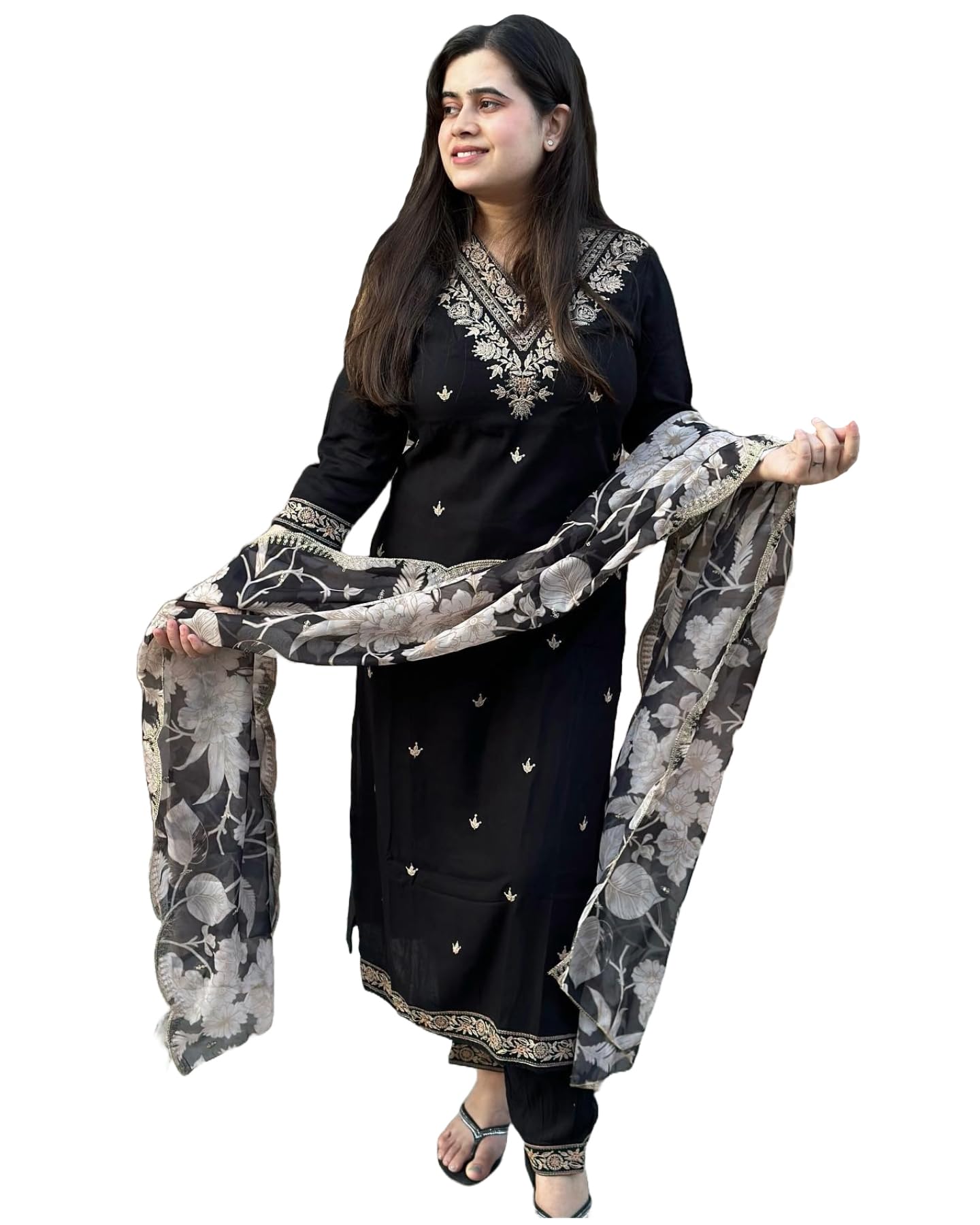 Gosriki Women'S Rayon Blend Straight Embroidered Kurta With Pant & Dupatta (Meena Black-Gs_M_Black_Medium),Black,,B0D73VTLKK