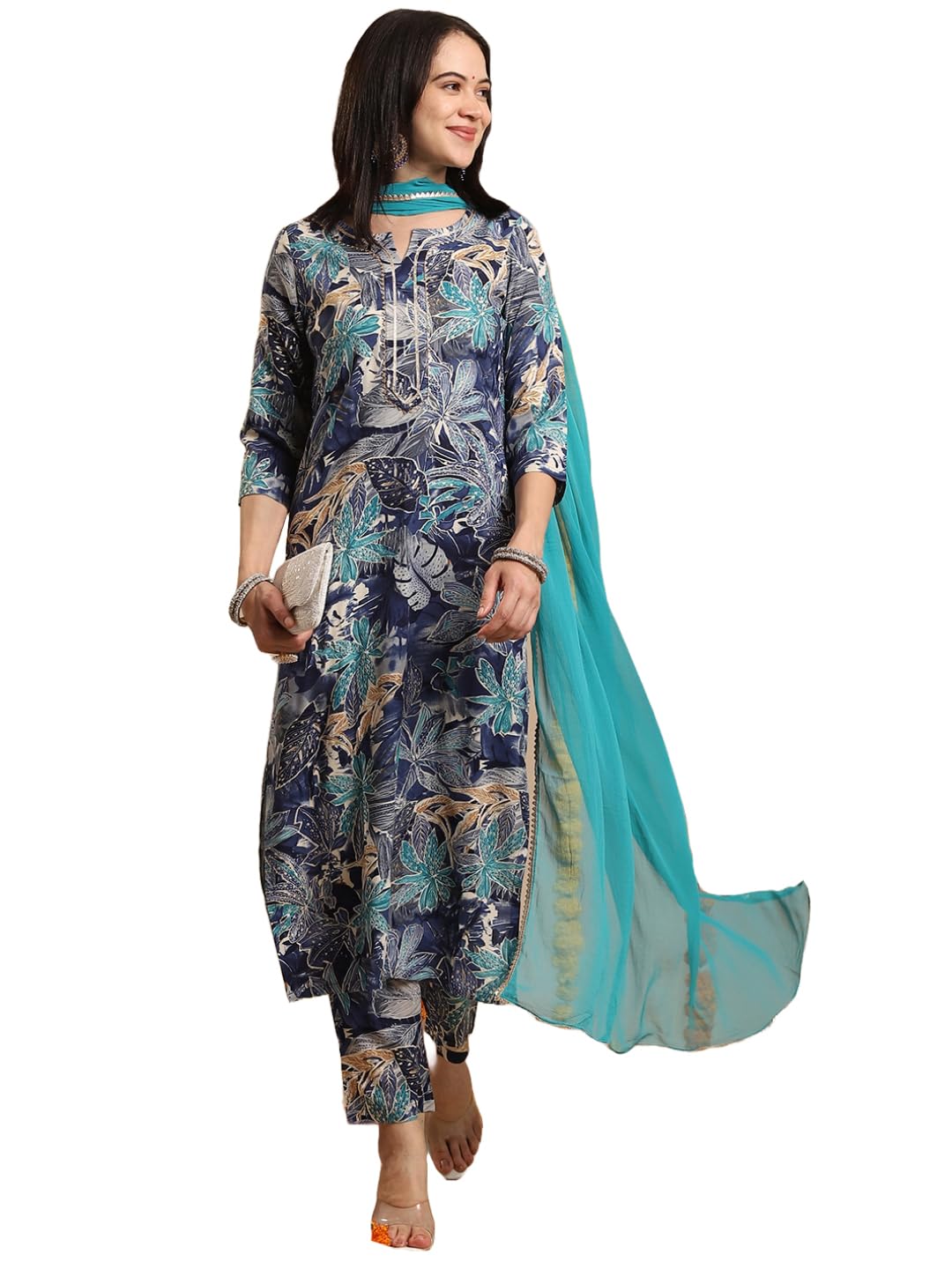 Anni Designer Women'S Rayon Blend Straight Printed Kurta With Pant & Dupatta (Rishi Blue_M_Blue_Medium),Blue,M,,,
