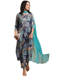 Anni Designer Women'S Rayon Blend Straight Printed Kurta With Pant & Dupatta (Rishi Blue_L_Blue_Large),Blue,L