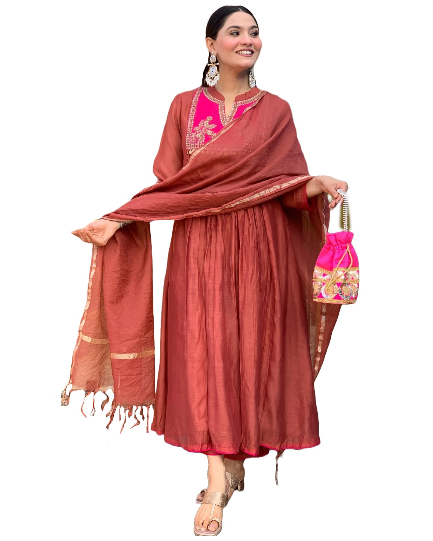 Anni Designer Women'S Rayon Viscose Embroidered Anarkali Kurta With Pant & Dupatta (Brics Rust_Xxl_Rust_Xx-Large),Rust,2XL