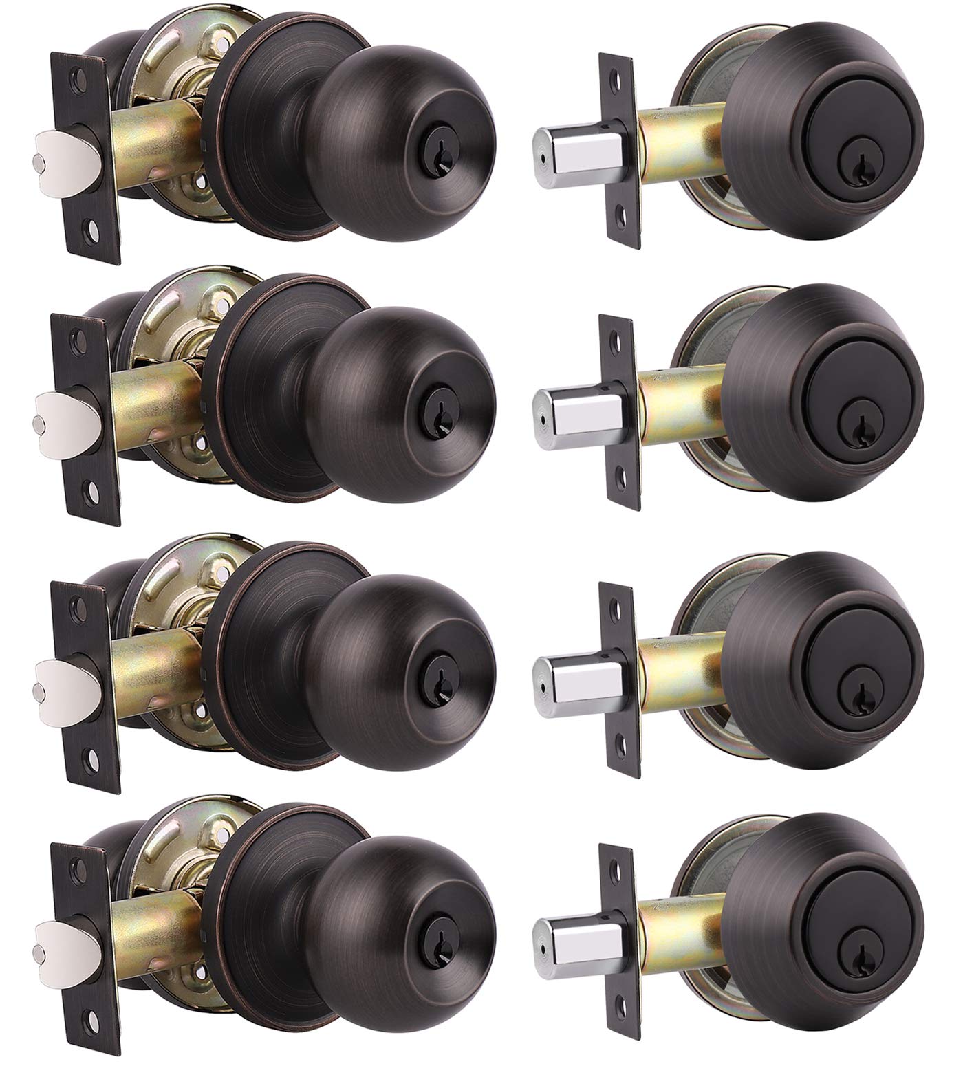 4 Pack Keyed Alike Entry Door Knob And Single Cylinder Deadbolt Lock Set Security For Entrance And Front Door, Exterior Door Loc