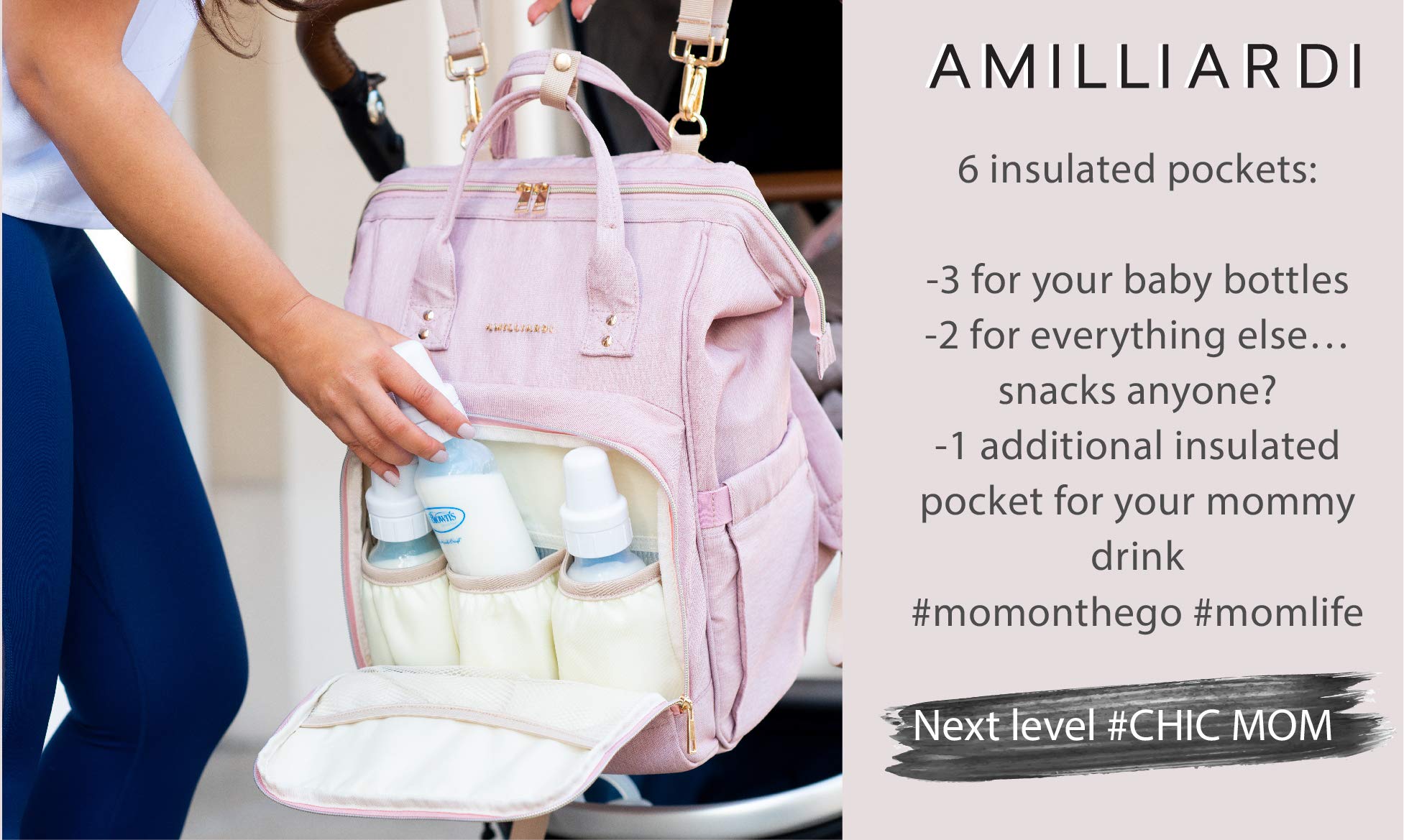 Amilliardi Diaper Bag Backpack - 6 Insulated Bottle Holders - Detachable Stroller Straps (Light Pink)