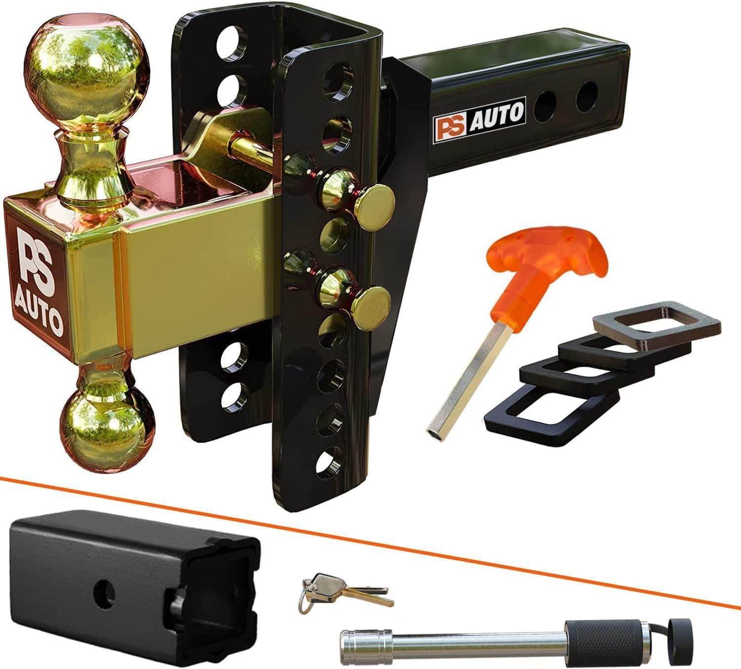 PSAUTO Adjustable Ball Mount Trailer Hitch 2-inch Receiver, 6-inch Drop, 20,000 LBS, 2 and 2-5/16 inch Balls - Gooseneck