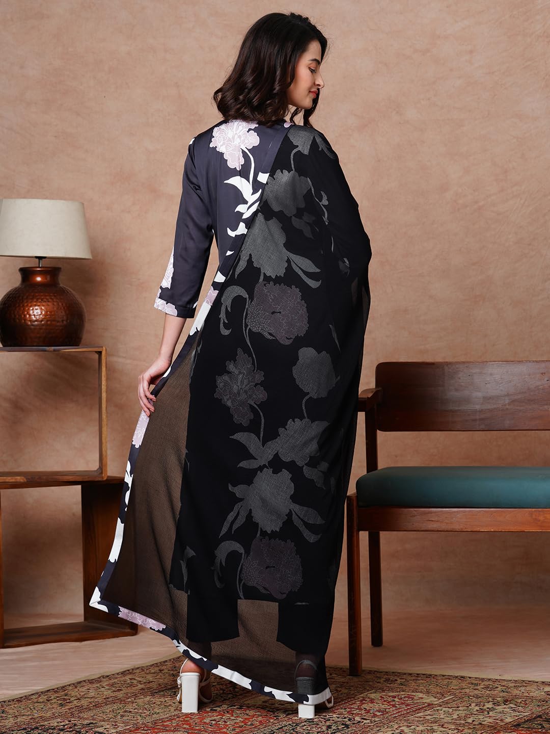 Gosriki Women'S Rayon Blend Straight Printed Kurta With Pant & Dupatta (Kalal Black-Nw-Gs_4Xl_Black_Xxxx-Large),Black,4,B0CX1LNCPP