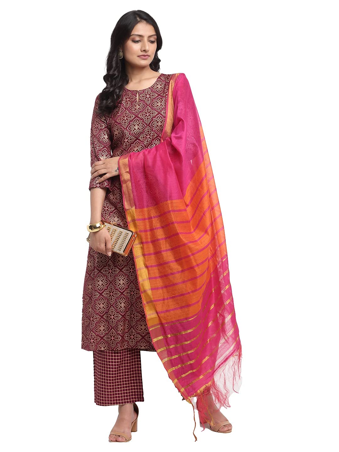 Gosriki Women'S Rayon Cotton Foil Printed Straight Kurta With Palazzo & Dupatta (Kshi Brown_L_Brown_Large),Brown,,B0976ZCFTH