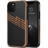 TENDLIN Compatible with iPhone 11 Pro Max Case Wood Grain with Carbon Fiber Texture Design Leather Hybrid Slim Case (Three Strip