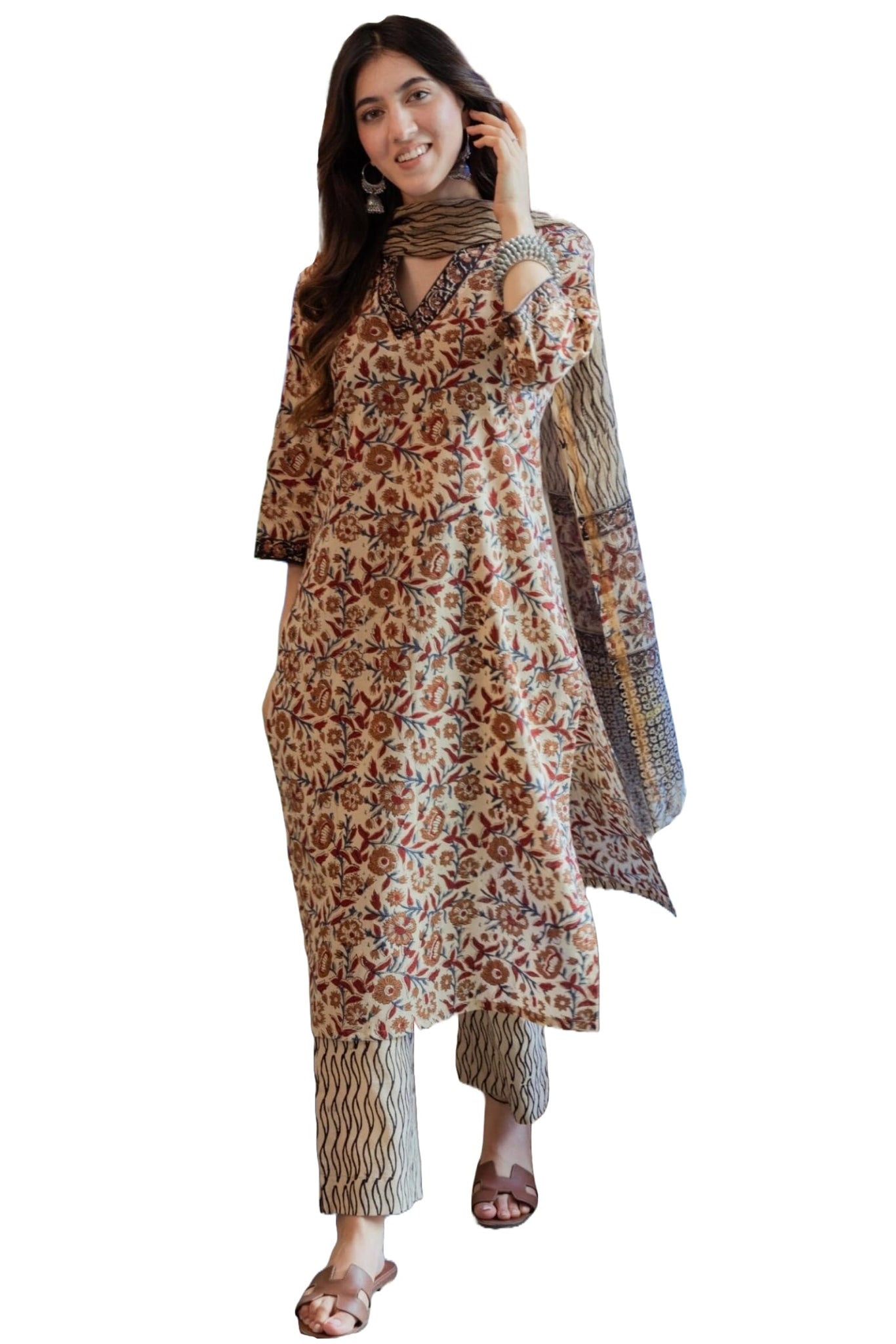 Anni Designer Women'S Cotton Blend Straight Printed Kurta With Pant & Dupatta (Denika Cream_Xxl_Cream_Xx-Large),Cream,2XL