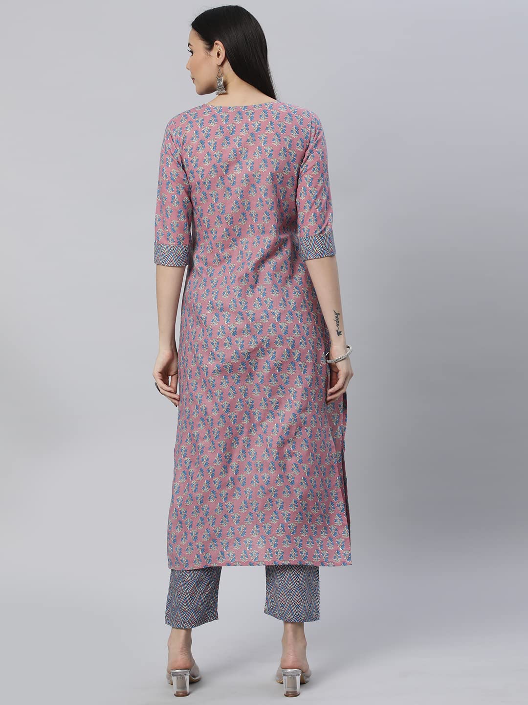 Anni Designer Women'S Cotton Blend Straight Printed Kurta With Pant (Padwil Pink-Nw5_L_Pink_Large),Pink,L,Cotton Blend,Regular,