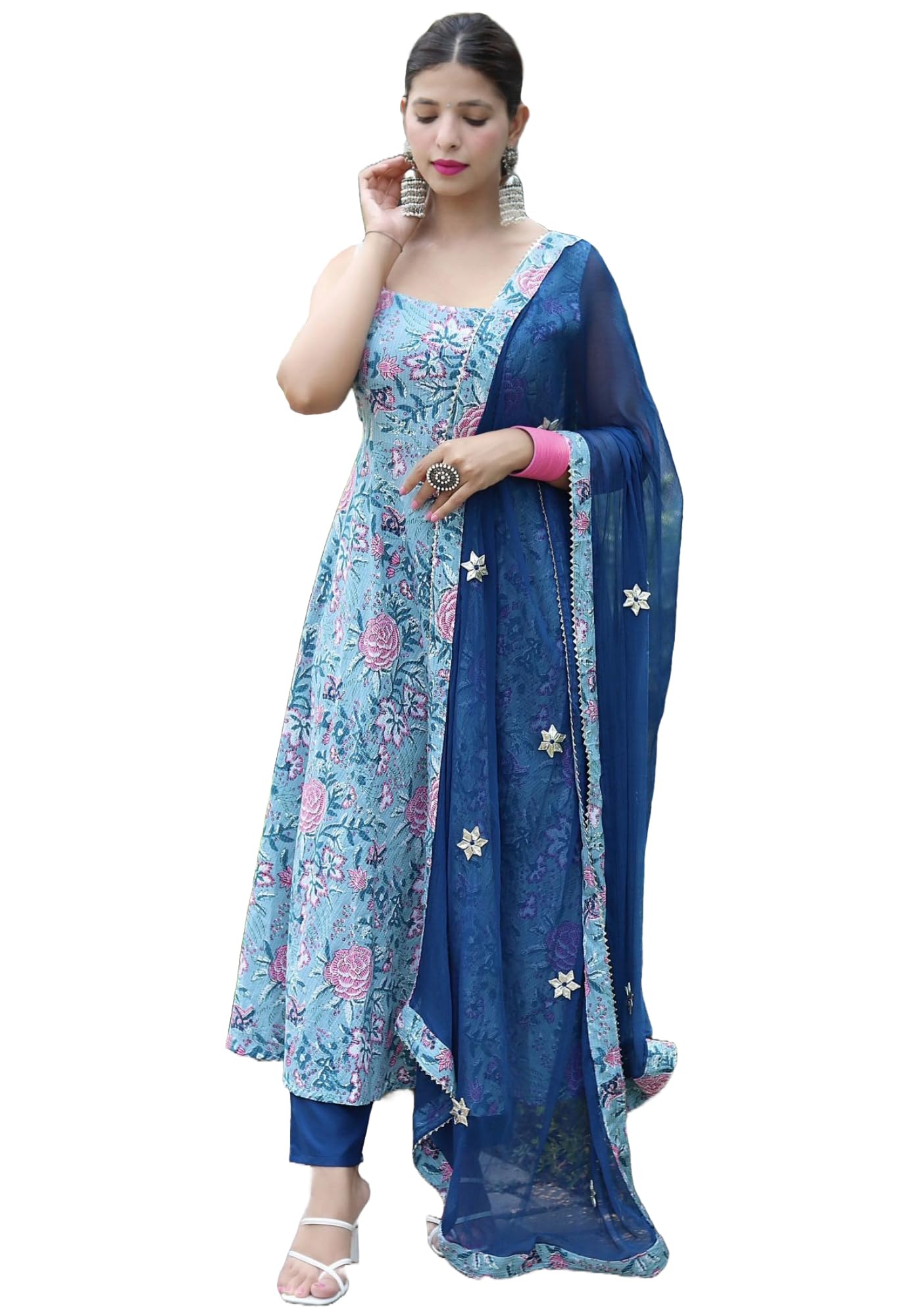 Anni Designer Women'S Cotton Blend Anarkali Printed Kurta With Pant & Dupatta (Goanni Blue_Xl_Blue_X-Large),Blue,XL