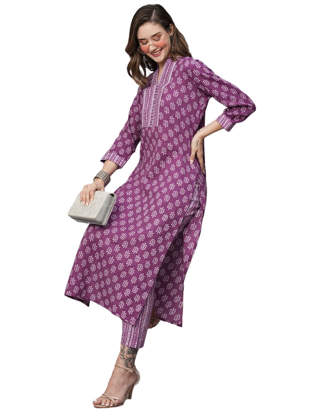 Anni Designer Women'S Cotton Blend Straight Printed Kurta With Pant (Raina Purple_M_Purple_Medium),Purple,M