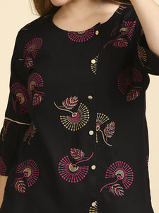 Anubhutee Black Floral Print Straight Short Cotton Kurti For Women Black S