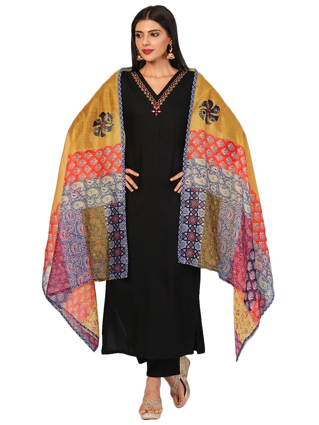 Anni Designer Women'S Cotton Blend Embroidered Straight Kurta With Pant & Dupatta (Fronx Black-Nw_M_Black_Medium),Black,M,,,