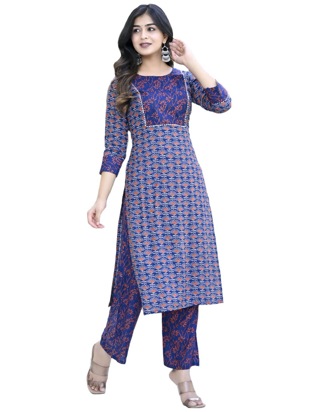 Anni Designer Women'S Cotton Blend Printed Straight Kurta With Pant (Punya Blue-Cmd_L_Blue_Large),Blue,L