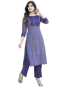 Gosriki Women'S Cotton Blend Printed Straight Kurta With Pant (Punya Blue-Cmd-Gs_S_Blue_Small),Blue,,B0C6GZ8J2Z