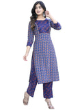 Anni Designer Women'S Cotton Blend Printed Straight Kurta With Pant (Punya Blue-Cmd_L_Blue_Large),Blue,L
