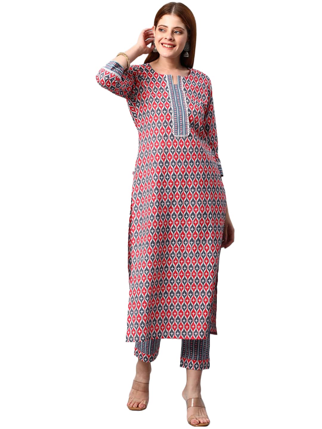 Anni Designer Women'S Cotton Blend Printed Straight Kurta With Pant (Sarva-Peacock Blue_M_Dark Blue_Medium),Peacock Blue,M